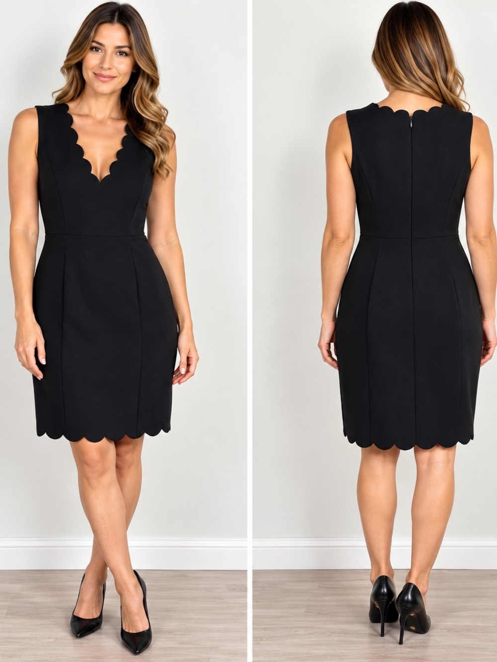 French Connection Black Scallop Trim Sheath Dress Sleeveless Size 8 NWT